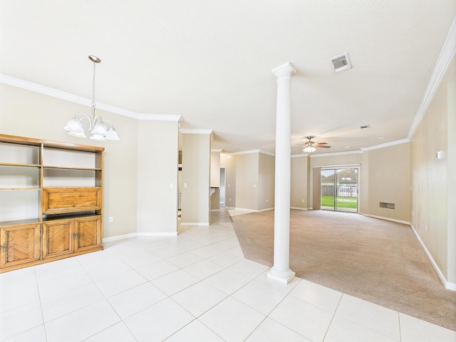 5261 Moore Loop, Crestview, FL 32536 - unfurnished living room featuring ornate columns, ornamental molding, a ceiling fan, light colored carpet, and a chandelier