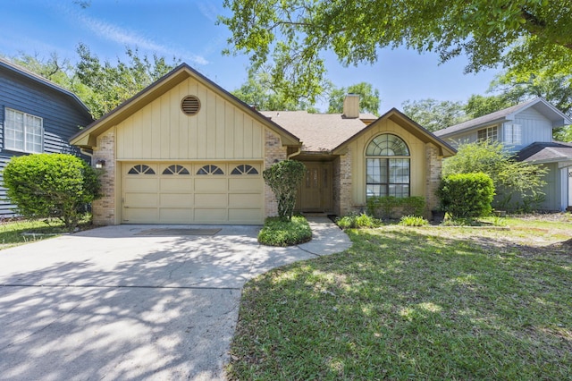 1405 Ariel Ln, Fort Walton Beach, FL 32547 - ranch-style house with brick siding, a chimney, an attached garage, concrete driveway, and a front yard