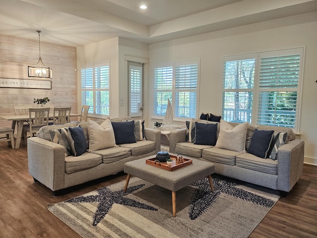 10 Gulfview Way, Santa Rosa Beach, FL 32459 - living room with dark wood-style floors, wood walls, recessed lighting, and a chandelier