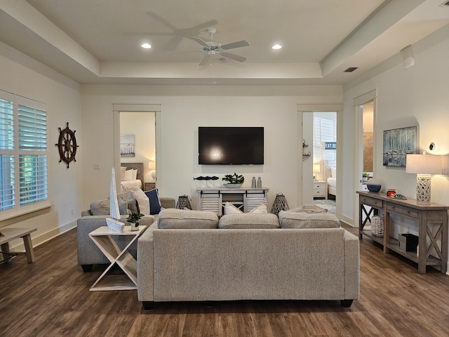 10 Gulfview Way, Santa Rosa Beach, FL 32459 - living area featuring a raised ceiling, dark wood finished floors, plenty of natural light, and recessed lighting
