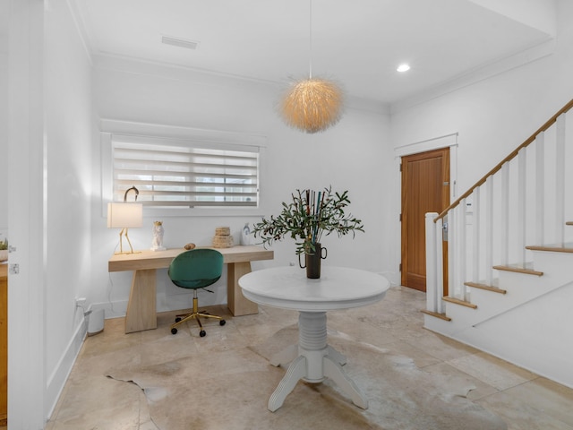 foyer with ornamental molding, stairway, and baseboards