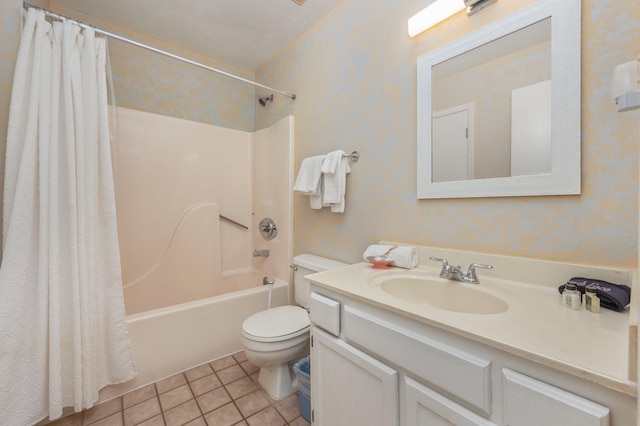 bathroom with toilet, tile patterned flooring, shower / tub combo with curtain, and vanity