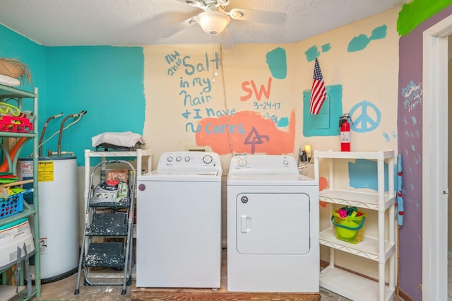 washroom with washer and dryer, water heater, a textured ceiling, and ceiling fan