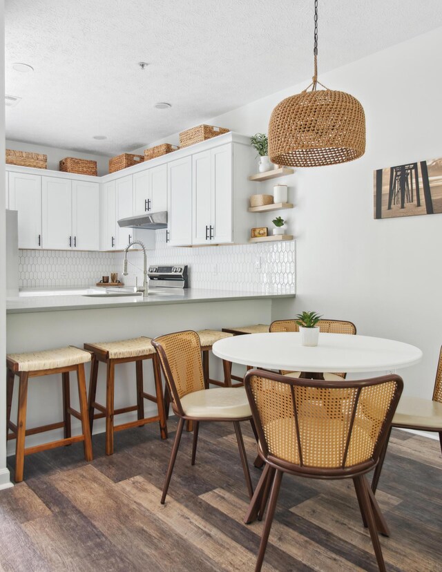 34 Herons Watch Way Unit 1102, Santa Rosa Beach, FL 32459 - kitchen featuring under cabinet range hood, backsplash, dark wood-style floors, hanging light fixtures, and a breakfast bar