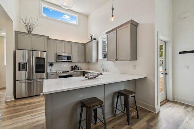 kitchen with appliances with stainless steel finishes, gray cabinets, a high ceiling, and a peninsula