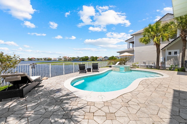 4724 Rendezvous Cv, Destin, FL 32541 - view of swimming pool featuring a patio, a pool with connected hot tub, fence, and a water view