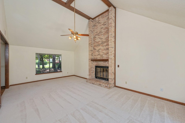 829 S Turnberry Cv, Niceville, FL 32578 - unfurnished living room featuring high vaulted ceiling, a ceiling fan, carpet, baseboards, and beam ceiling