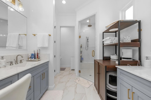 1233 Elderflower Dr, Niceville, FL 32578 - full bath featuring a stall shower, crown molding, marble finish floors, recessed lighting, and vanity