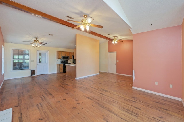 unfurnished living room with a ceiling fan, wood-type flooring, and baseboards