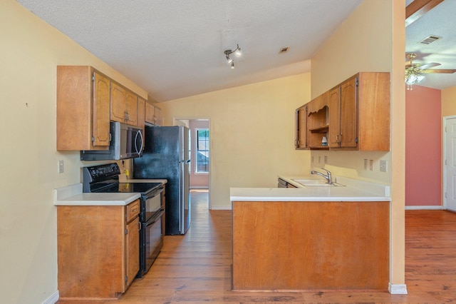 kitchen with black range with electric stovetop, stainless steel microwave, lofted ceiling, light wood finished floors, and a sink
