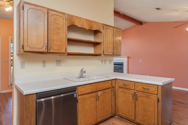 kitchen featuring dishwasher, a sink, a peninsula, light wood-style floors, and open shelves