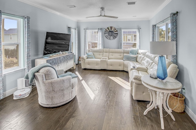 9 Inlet Heights Ln, Inlet Beach, FL 32461 - living room featuring crown molding, hardwood / wood-style floors, a ceiling fan, and baseboards