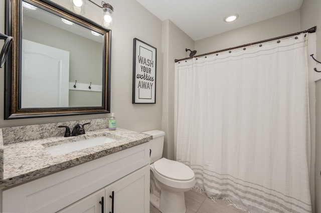 bathroom with tile patterned flooring, toilet, vanity, curtained shower, and recessed lighting