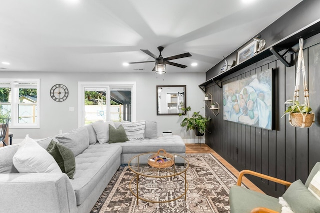 236 Little Canal Dr, Santa Rosa Beach, FL 32459 - living room featuring recessed lighting, ceiling fan, and wood finished floors