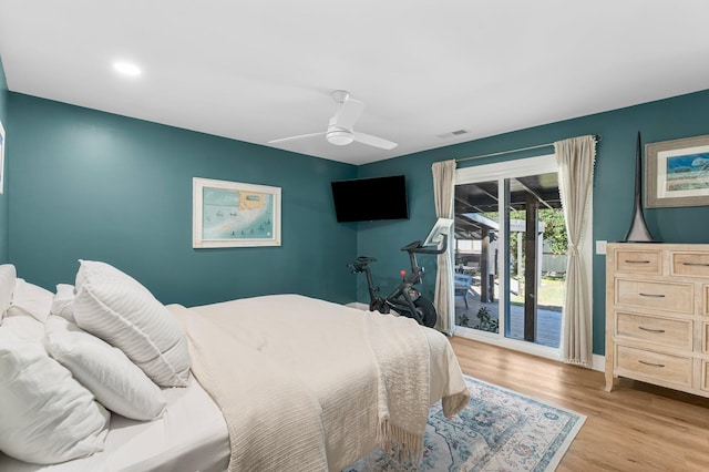 236 Little Canal Dr, Santa Rosa Beach, FL 32459 - bedroom featuring access to exterior, wood finished floors, and a ceiling fan