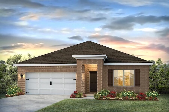 view of front of house with brick siding, concrete driveway, an attached garage, a front yard, and roof with shingles