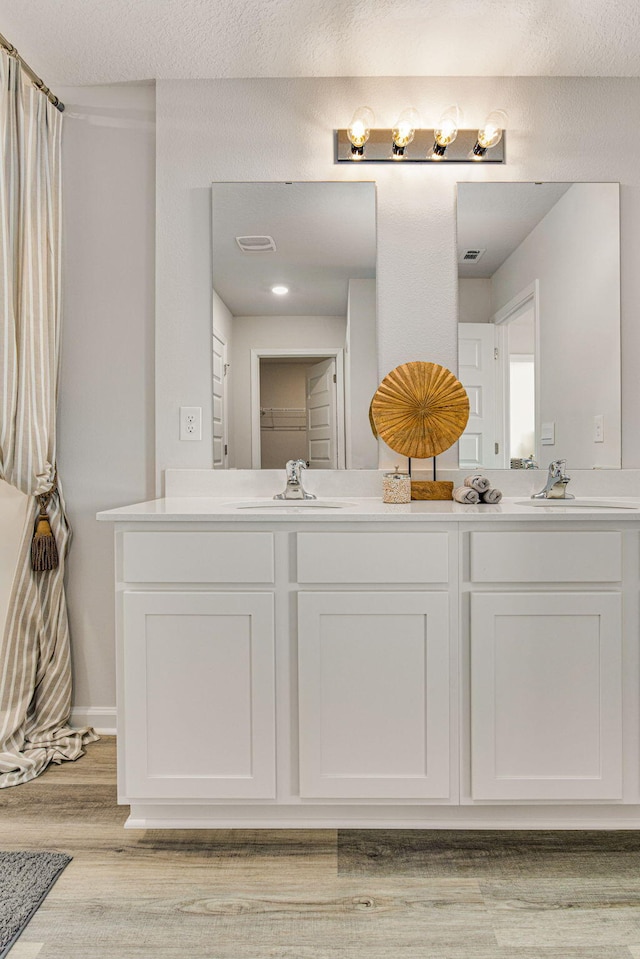 bathroom with double vanity, wood finished floors, and curtained shower