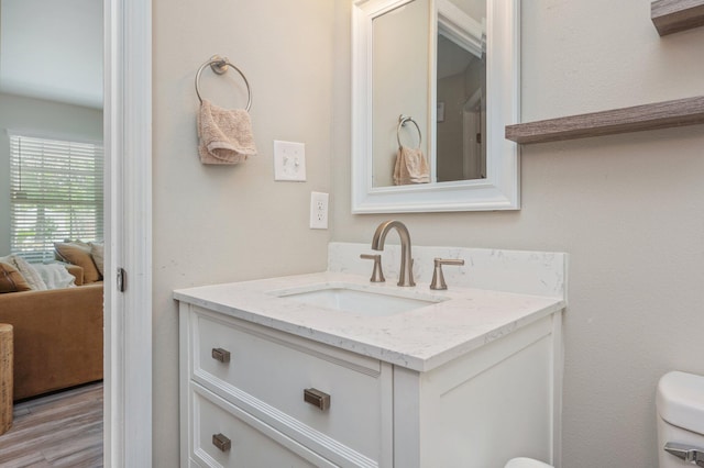 bathroom with vanity, connected bathroom, toilet, and wood finished floors