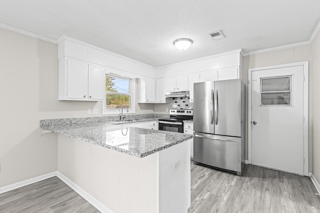 4360 Beau Terra Ln, Pensacola, FL 32514 - kitchen featuring appliances with stainless steel finishes, a peninsula, light wood-style flooring, a sink, and under cabinet range hood