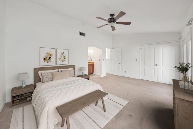 7118 Singleton Cir Unit A, Panama City, FL 32404 - bedroom featuring light colored carpet, baseboards, vaulted ceiling, and ceiling fan