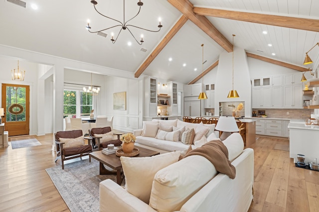 living room with a chandelier, light wood-style floors, beamed ceiling, recessed lighting, and high vaulted ceiling