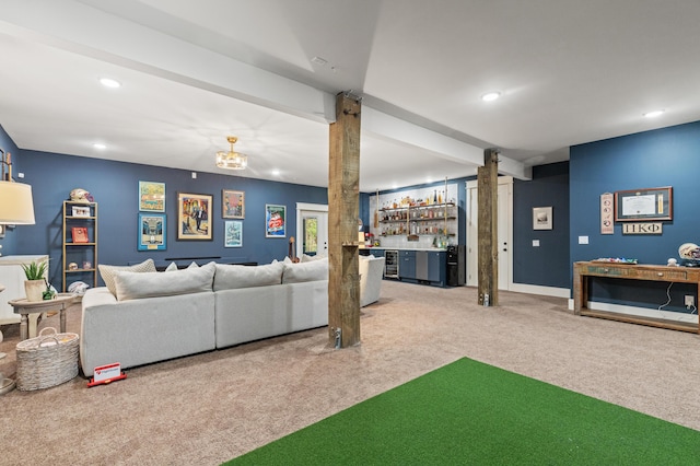 living room featuring carpet, a bar, recessed lighting, and beamed ceiling
