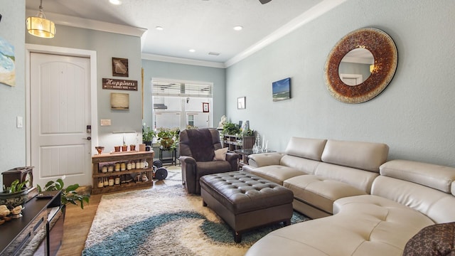 995 Airport Rd Unit 28, Destin, FL 32541 - living room featuring wood finished floors, recessed lighting, and crown molding