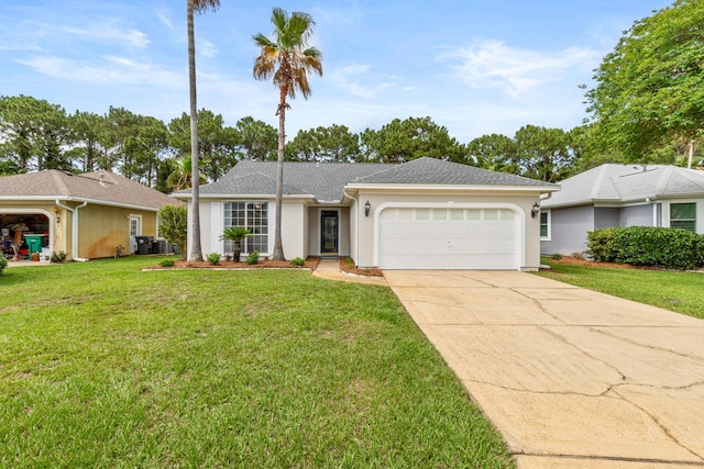 123 Bonaire Blvd, Miramar Beach, FL 32550 - ranch-style house with an attached garage, stucco siding, driveway, a front yard, and central AC unit