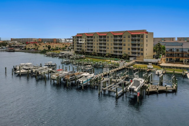dock area featuring a water view and boat lift