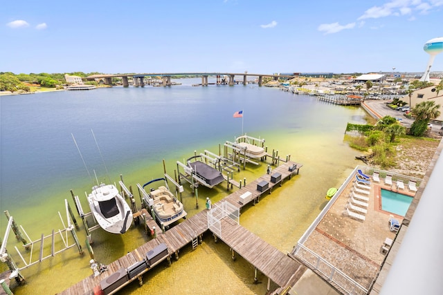 aerial view of a large body of water and a notable bridge