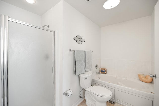full bathroom with toilet, a stall shower, a bath, and baseboards