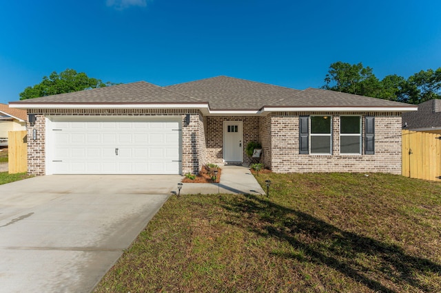 single story home with brick siding, concrete driveway, and a garage