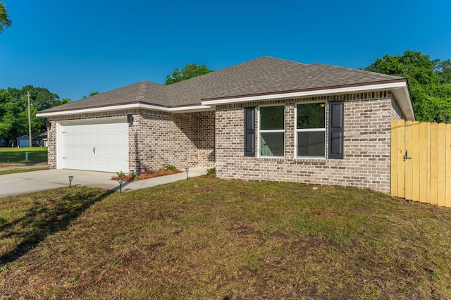 ranch-style house with brick siding, a garage, driveway, and a shingled roof