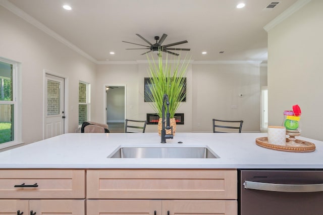 kitchen with dishwasher, a sink, recessed lighting, light countertops, and a ceiling fan