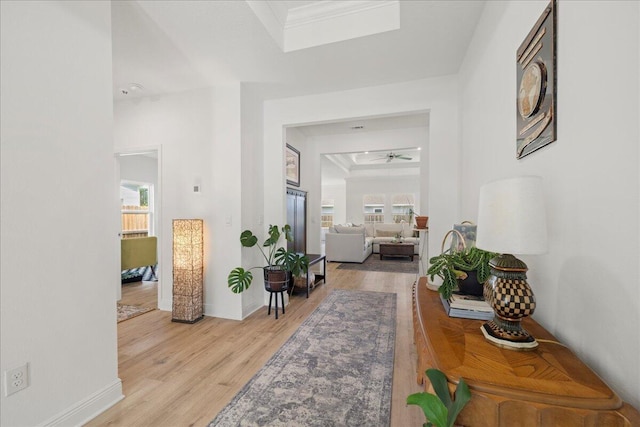 613 Las Roblas Grande Dr, Santa Rosa Beach, FL 32459 - corridor with a raised ceiling, light wood-type flooring, baseboards, and ornamental molding
