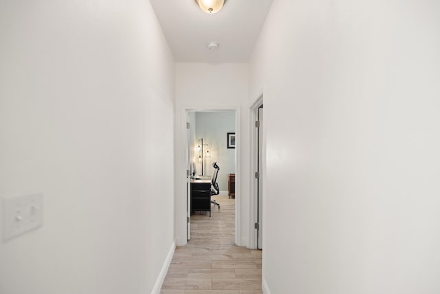 495 Brighton Cv, Freeport, FL 32439 - hallway featuring baseboards, light wood-type flooring, and a desk