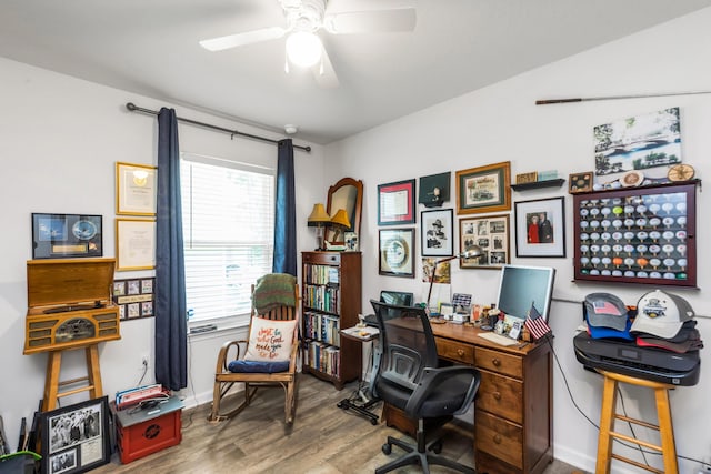 595 Earl Godwin Rd, Freeport, FL 32439 - office with wood finished floors, a ceiling fan, and baseboards