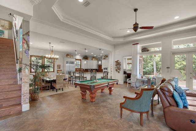 4701 Seastar Vis, Destin, FL 32541 - playroom featuring ceiling fan, billiards table, a tray ceiling, ornamental molding, and recessed lighting