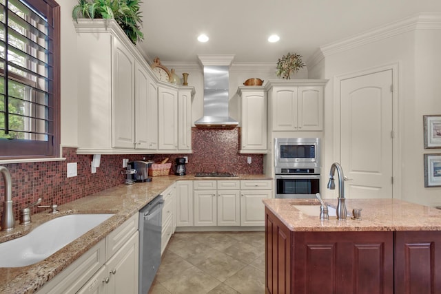 4701 Seastar Vis, Destin, FL 32541 - kitchen with appliances with stainless steel finishes, a sink, wall chimney exhaust hood, white cabinetry, and crown molding