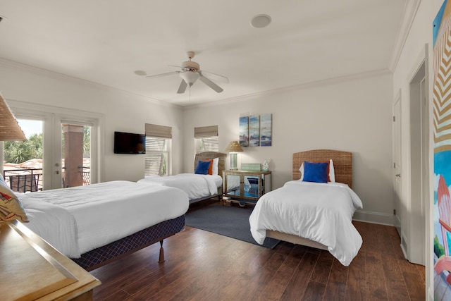 4701 Seastar Vis, Destin, FL 32541 - bedroom featuring access to outside, crown molding, wood finished floors, french doors, and a ceiling fan