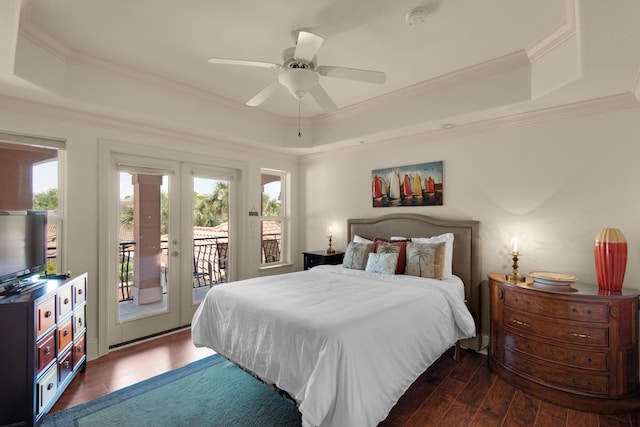 4701 Seastar Vis, Destin, FL 32541 - bedroom with a tray ceiling, wood finished floors, access to exterior, crown molding, and ceiling fan