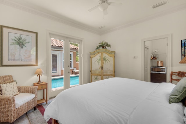 4701 Seastar Vis, Destin, FL 32541 - bedroom featuring access to exterior, french doors, ornamental molding, and ceiling fan