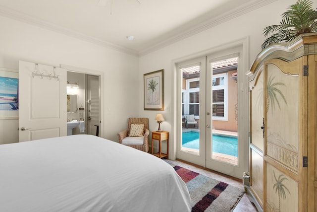 4701 Seastar Vis, Destin, FL 32541 - bedroom with french doors, access to exterior, crown molding, ensuite bath, and carpet flooring
