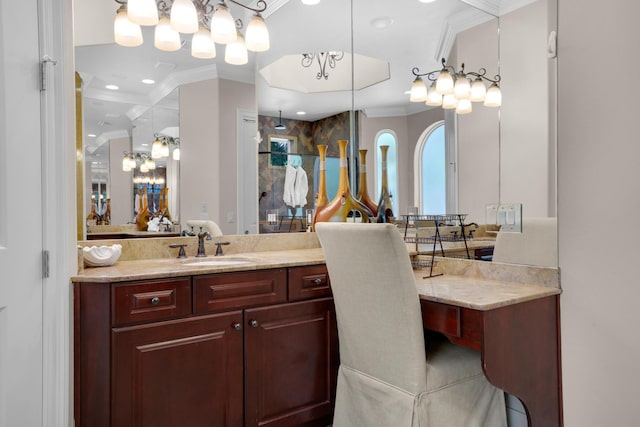 4701 Seastar Vis, Destin, FL 32541 - bathroom with crown molding, a chandelier, vanity, a shower, and recessed lighting