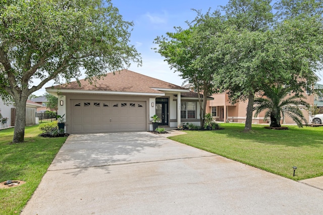 137 Loblolly Bay Dr, Santa Rosa Beach, FL 32459 - ranch-style house featuring stucco siding, a garage, driveway, a front lawn, and roof with shingles