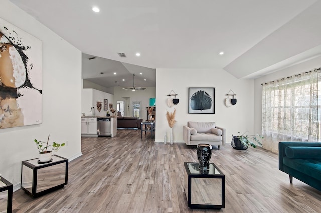 137 Loblolly Bay Dr, Santa Rosa Beach, FL 32459 - living area featuring lofted ceiling, light wood-style floors, recessed lighting, ceiling fan, and baseboards