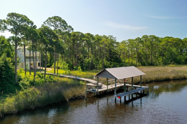 95 Bluebell Cir, Santa Rosa Beach, FL 32459 - dock with a water view, boat lift, and a view of trees