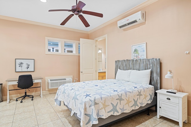 6236 Thomas Dr, Panama City Beach, FL 32408 - bedroom featuring a wall mounted AC, ornamental molding, a wall mounted air conditioner, an office area, and baseboards