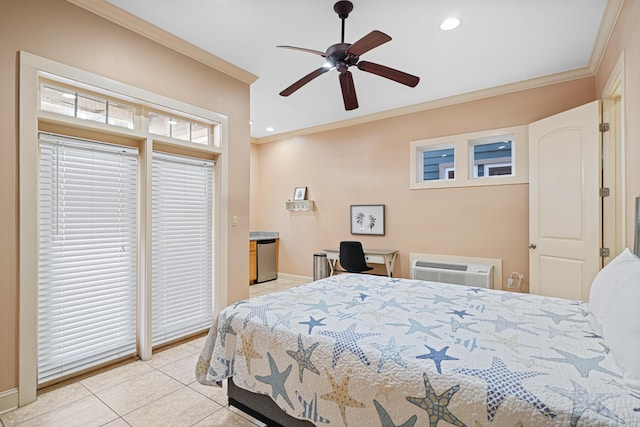 6236 Thomas Dr, Panama City Beach, FL 32408 - bedroom with crown molding, access to exterior, light tile patterned flooring, baseboards, and recessed lighting