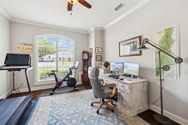2009 Kildare Cir, Niceville, FL 32578 - office area with ornamental molding, dark wood-type flooring, baseboards, ceiling fan, and a textured ceiling